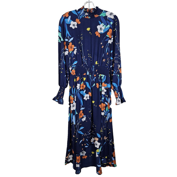 Nanette Lepore Floral High Lo Smocked Maxi Dress Ruffle Long Sleeve Navy Size 6 - Picture 6 of 16
